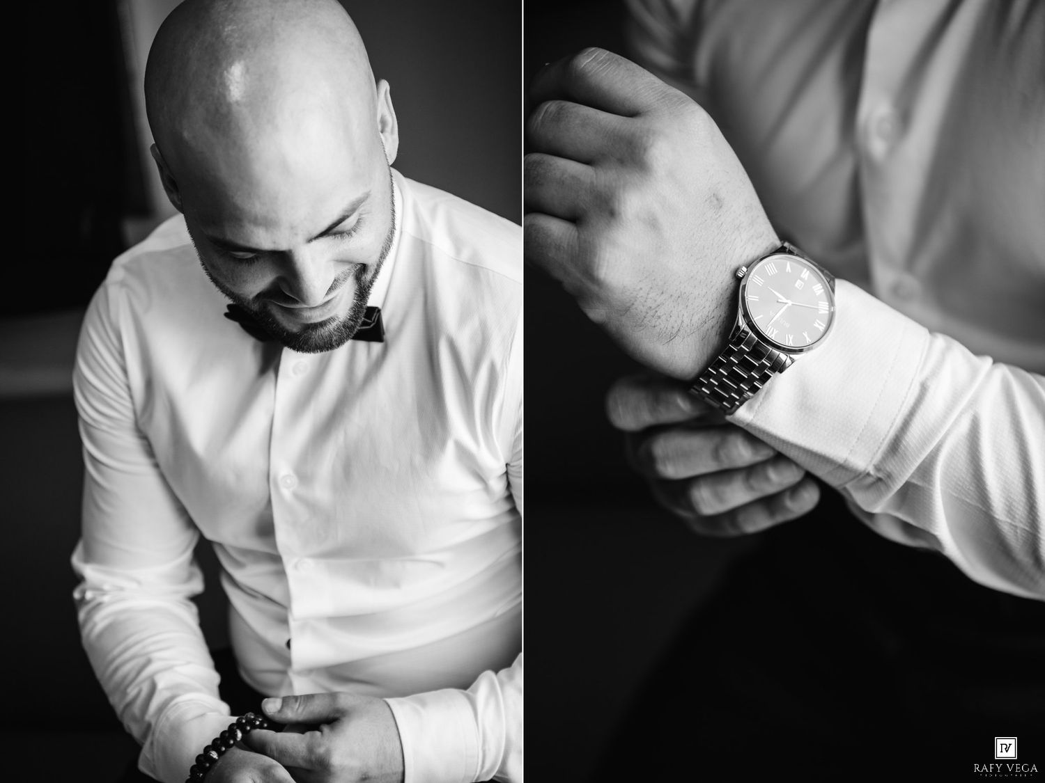 Black and white photo of a bald groom in white shirt and bow tie adjusting his watch and cufflinks.