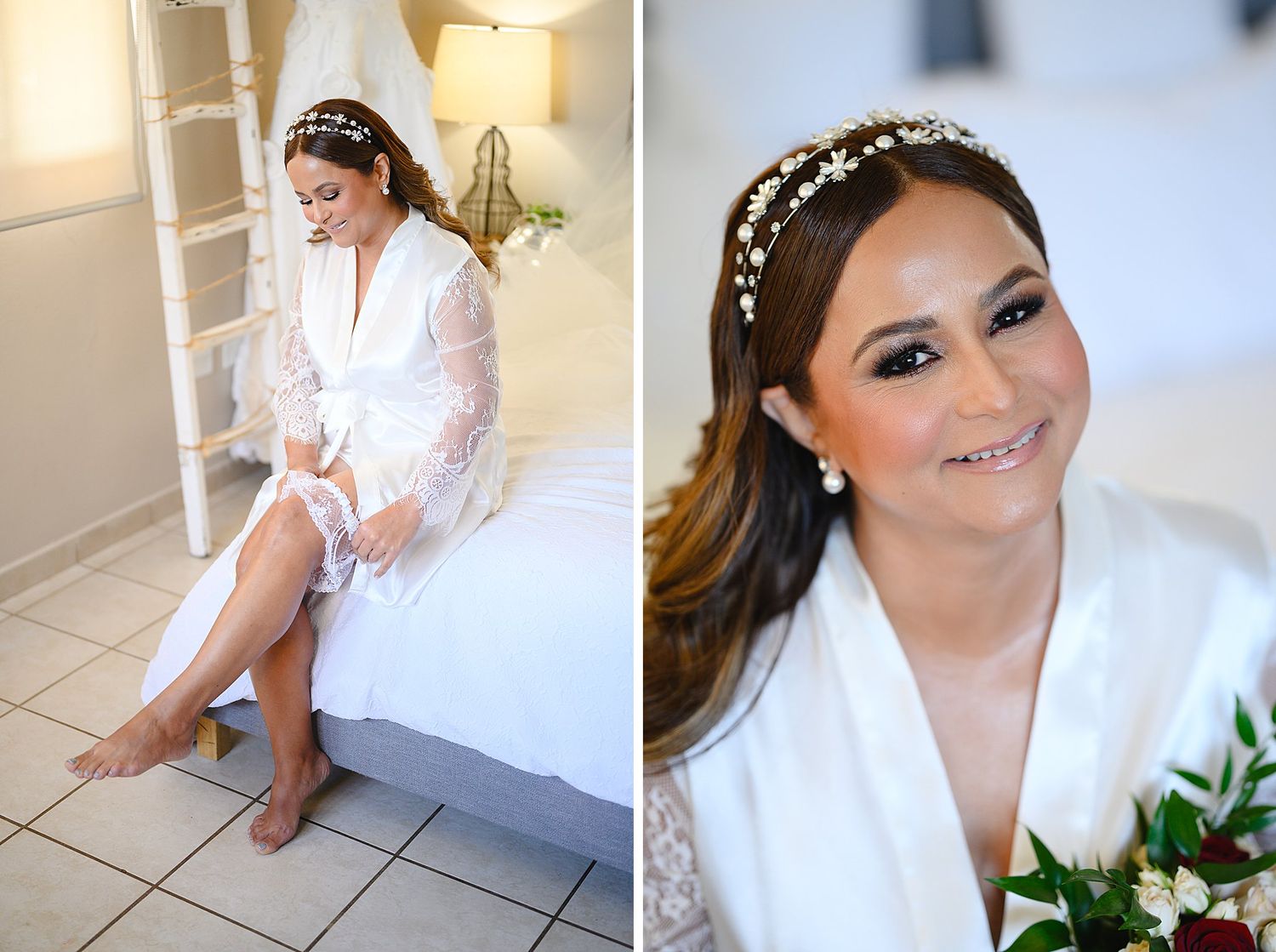 Bride in white lace robe sitting on bed and smiling close-up portrait wearing floral headband and pearl earrings.