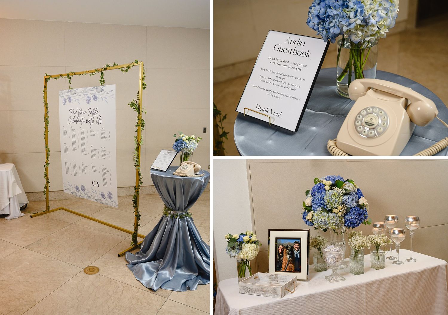 Elegant wedding reception decor with seating chart arch, audio guestbook sign, vintage phone, and floral centerpiece table.