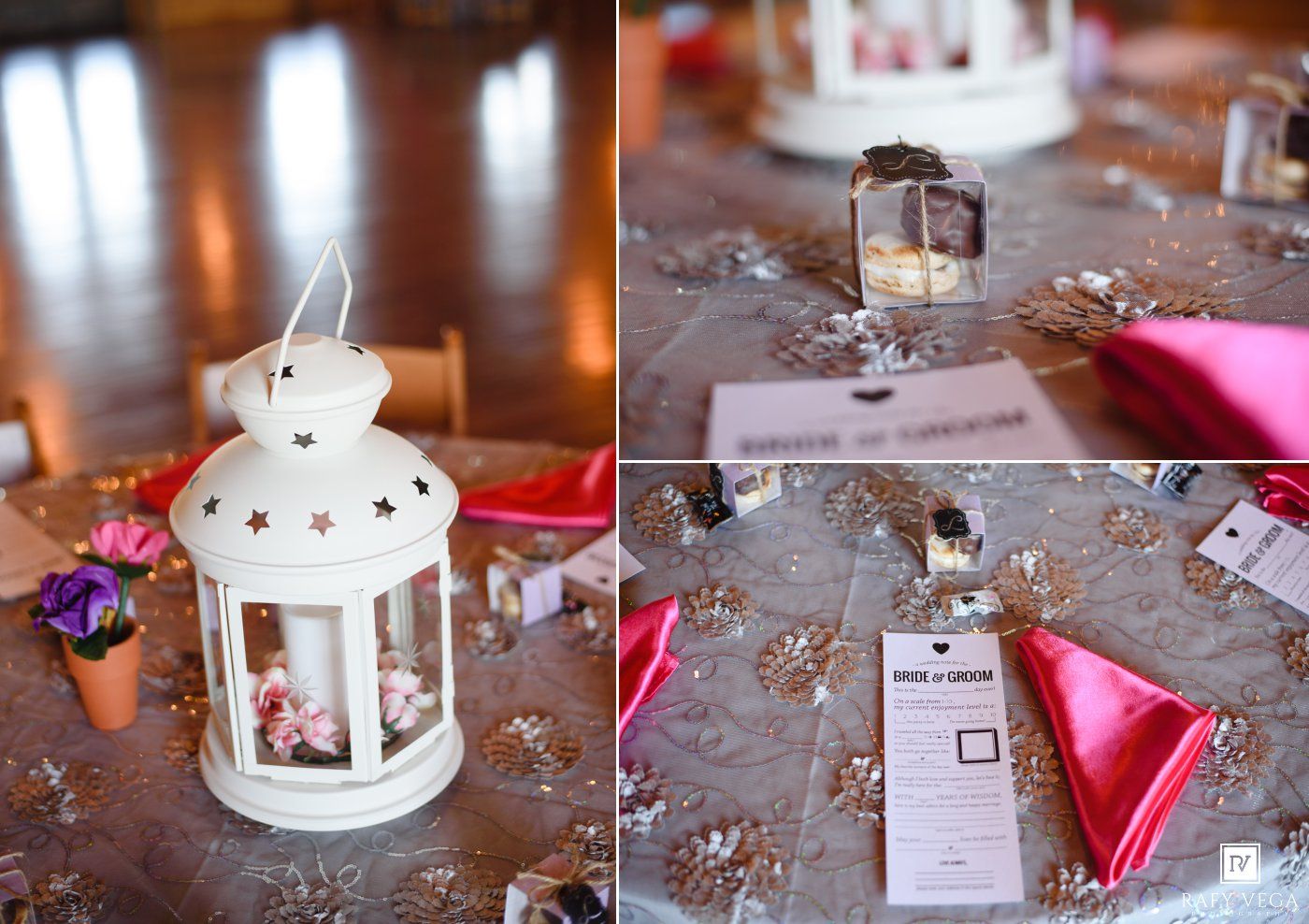 Elegant wedding reception table with white lantern centerpiece, pink napkins, and shimmery tablecloth decor.