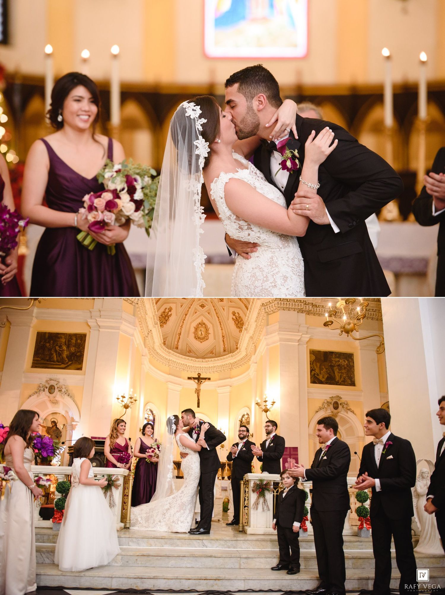 Bride and groom share first kiss at church altar surrounded by bridesmaids in purple dresses during wedding ceremony.