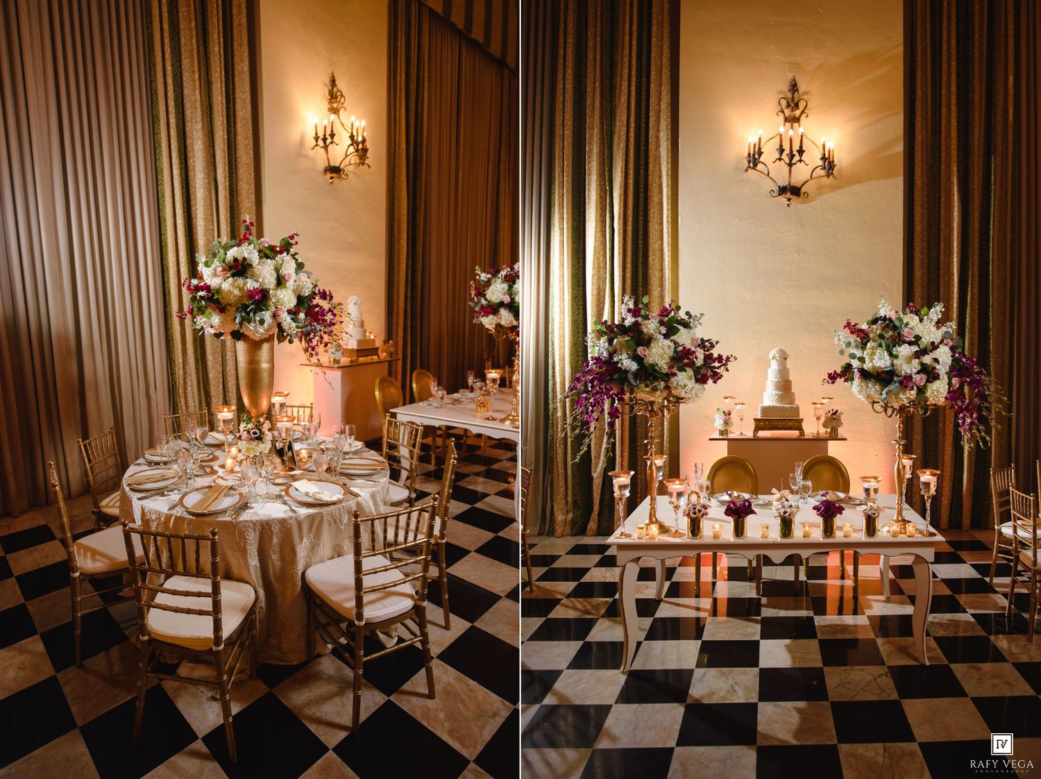 Elegant wedding reception with gold chairs, floral centerpieces, tiered cake, and black-and-white checkered floor.