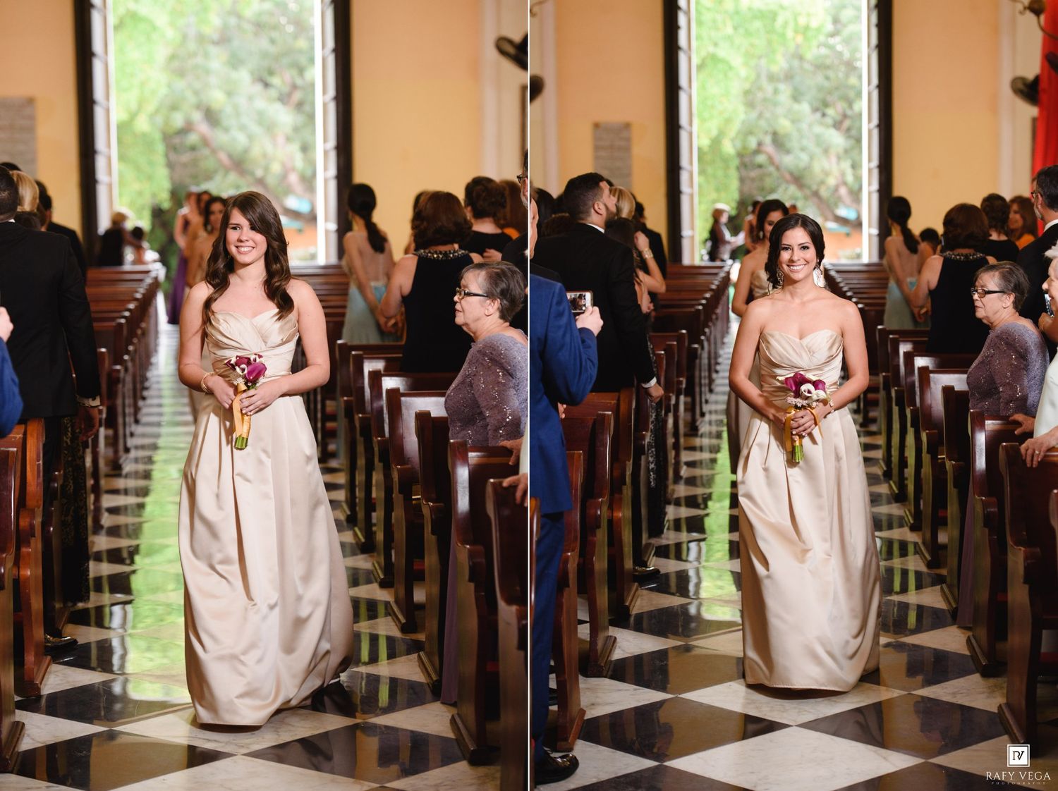 Bridesmaid in champagne gown walking down church aisle carrying bouquet at wedding.