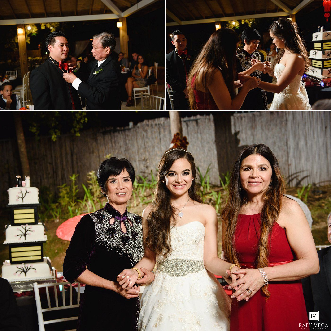 Elegant wedding reception with bride in white gown posing with guests, cake display visible in outdoor venue.
