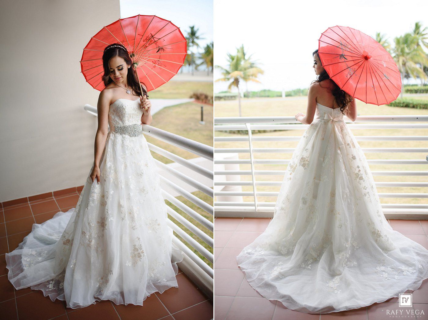 Bride in strapless floral wedding gown holding red parasol umbrella on balcony, front and back view.