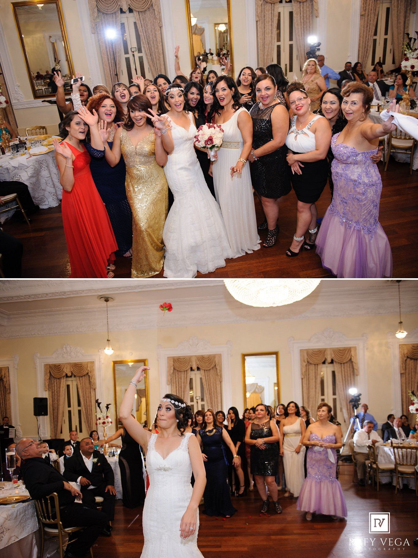 Bride poses with wedding guests before tossing bouquet at elegant reception venue.