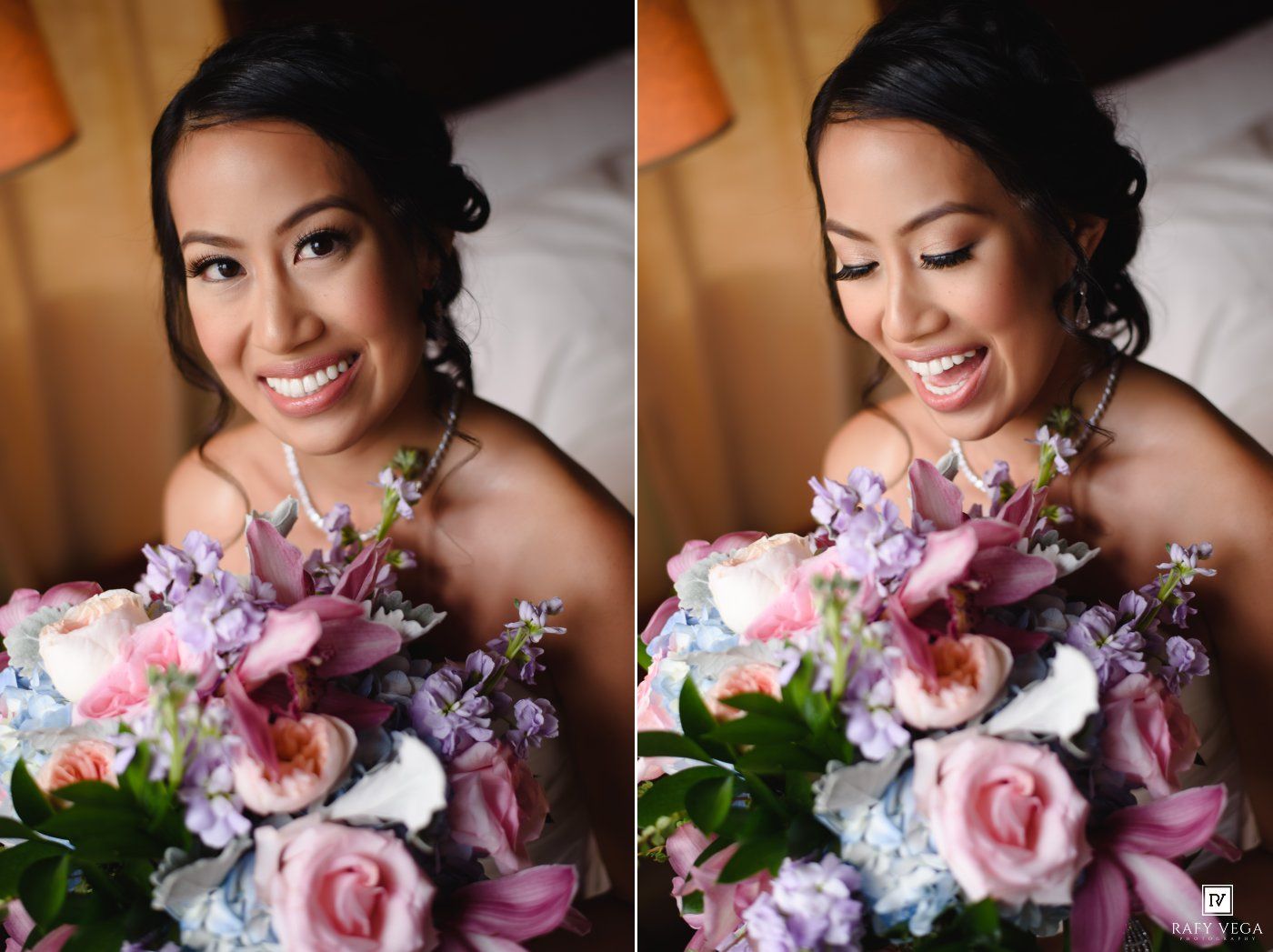 Smiling bride holding a colorful bouquet of pink, purple, and blue flowers on her wedding day.