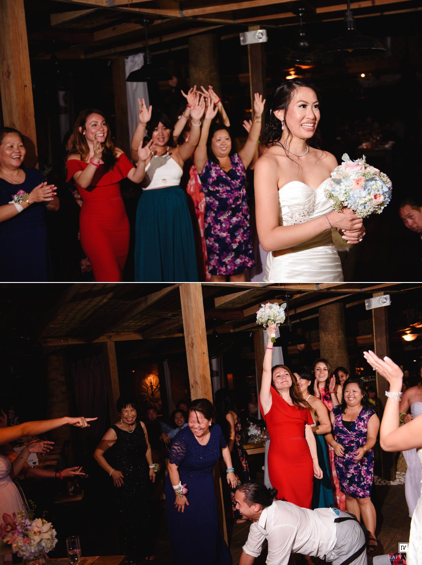 Bride tosses bouquet to excited guests during a lively indoor wedding reception celebration.