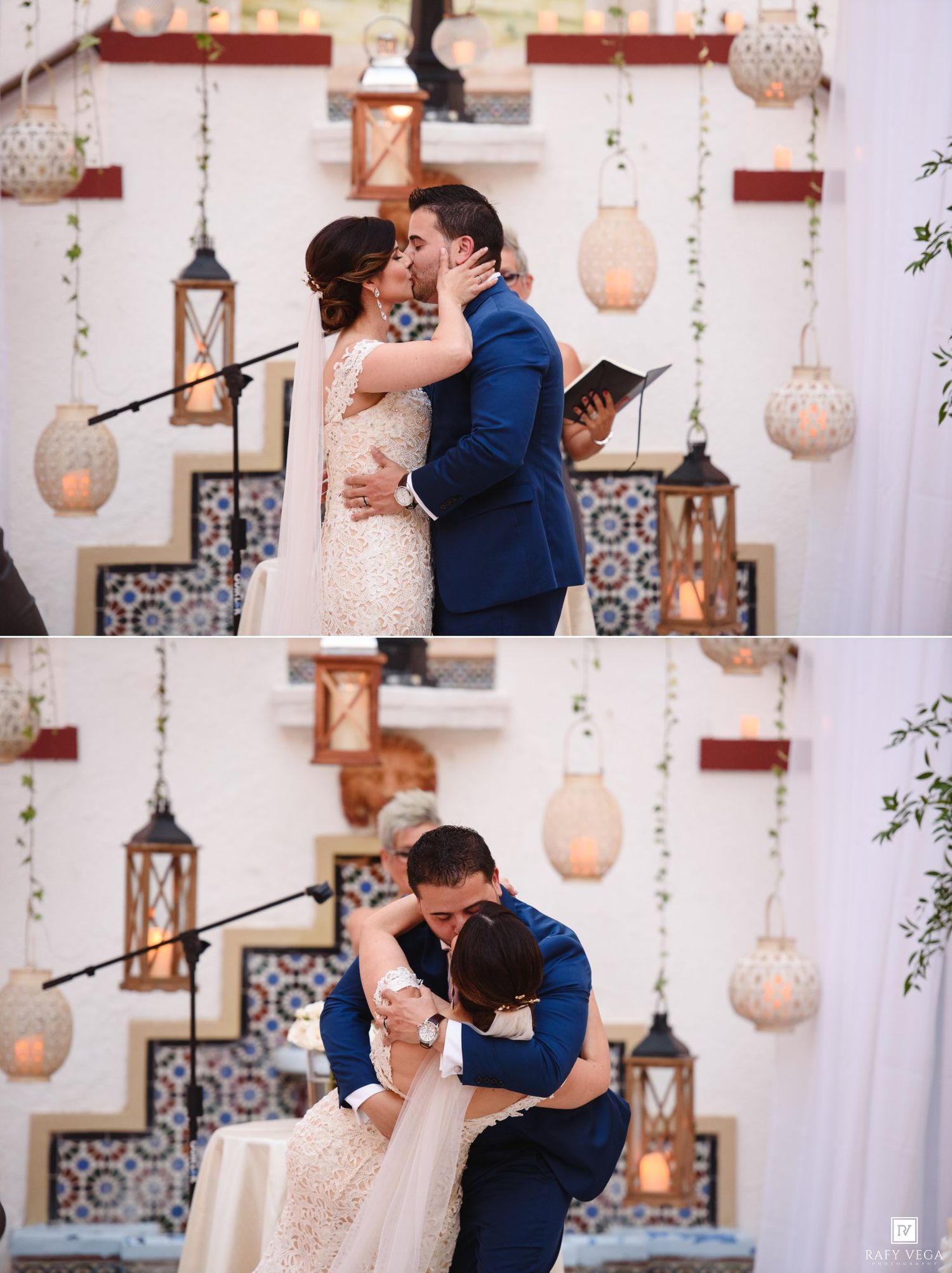 Bride and groom share a first kiss and embrace at their elegant wedding ceremony with lanterns and Moroccan tile backdrop.