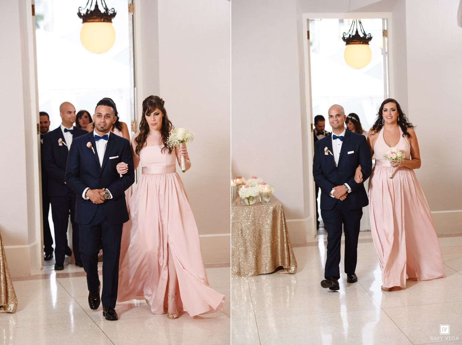 Bridesmaids in pink gowns walk down the aisle with groomsmen in tuxedos during an elegant wedding ceremony.