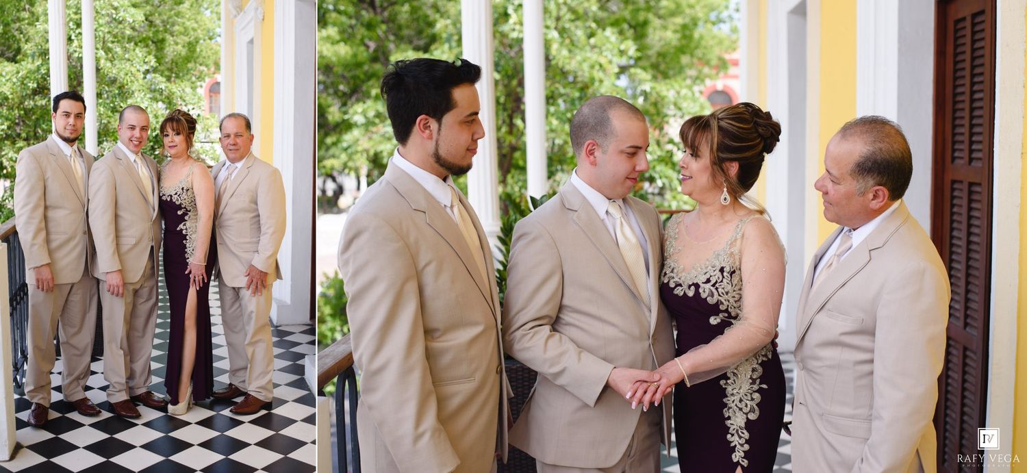Wedding ceremony with bride and groom exchanging vows outdoors, flanked by bridesmaids in purple and groomsmen in tan suits.