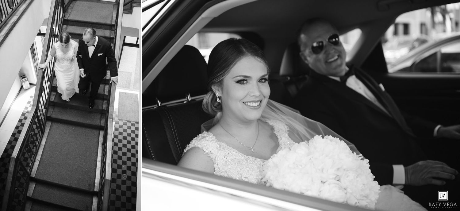 Black and white wedding photo of bride in car with groom and couple descending escalator in background.