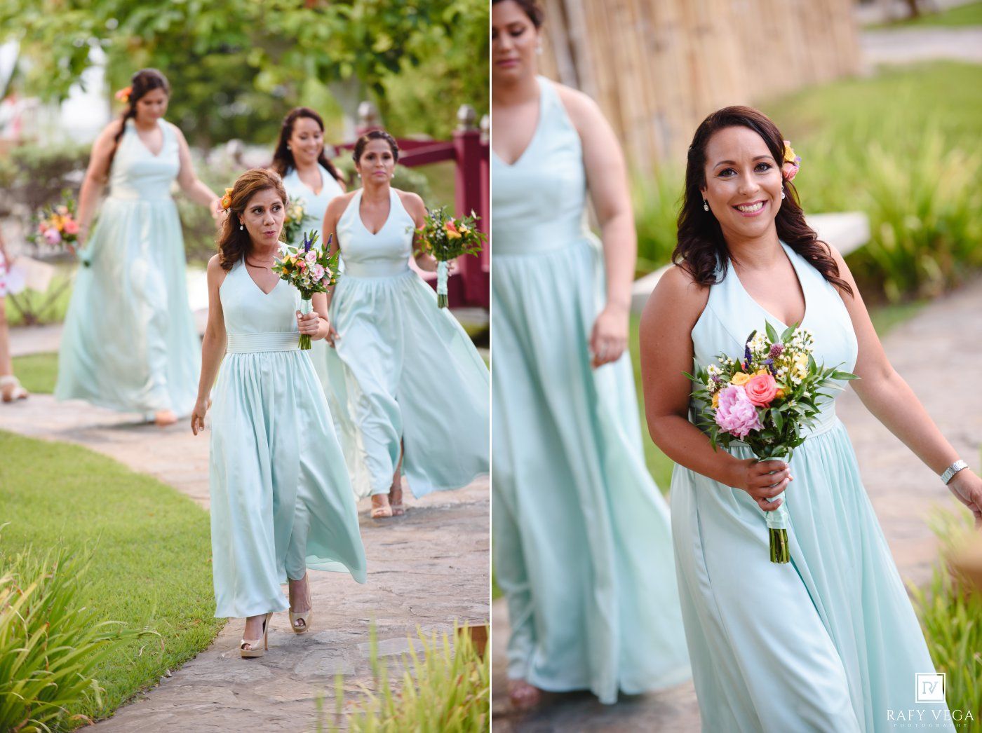 Bridesmaids in mint green gowns carrying colorful bouquets walking at an outdoor wedding.