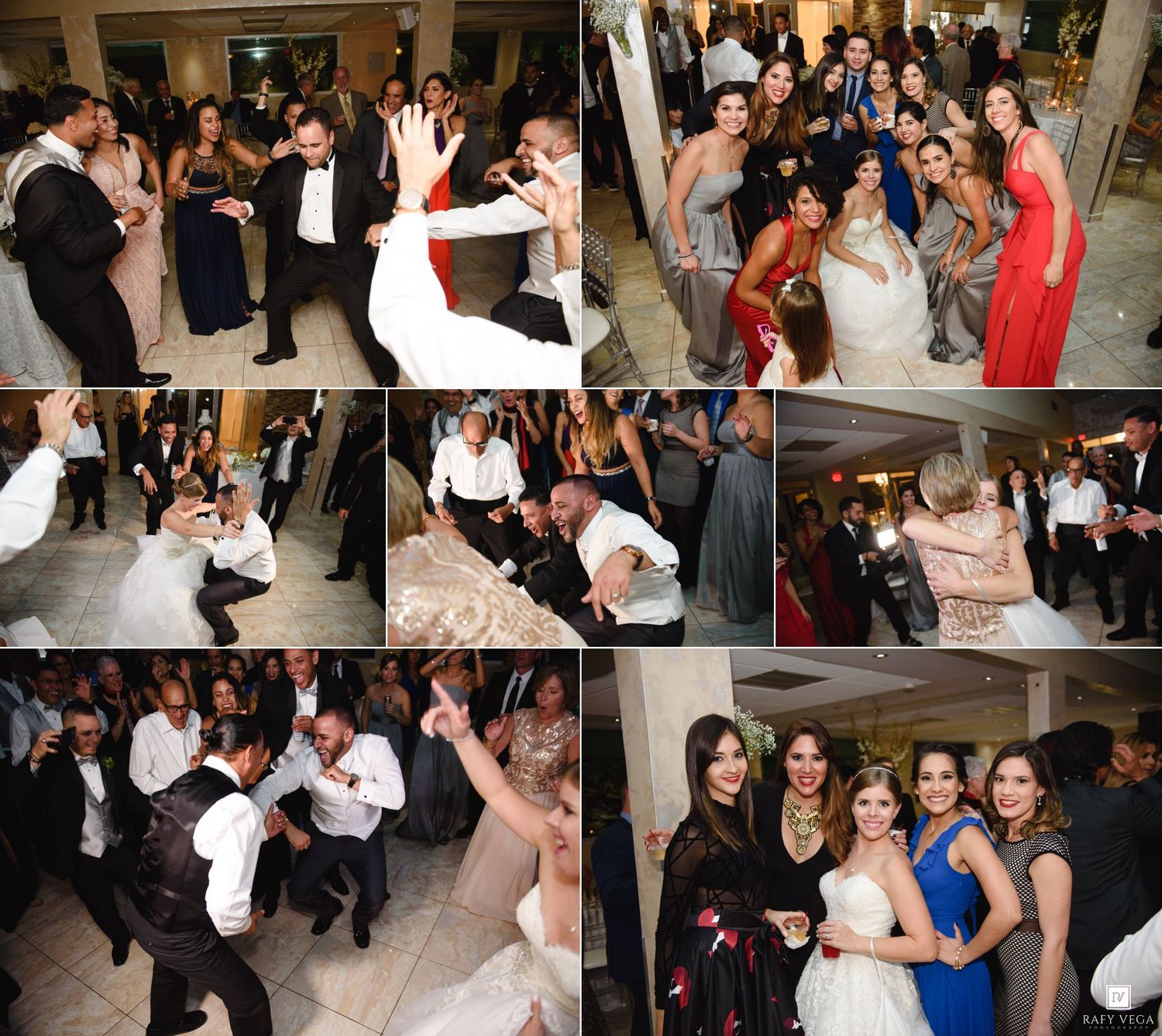 Wedding reception collage showing guests dancing and celebrating with the bride and groom on the dance floor.