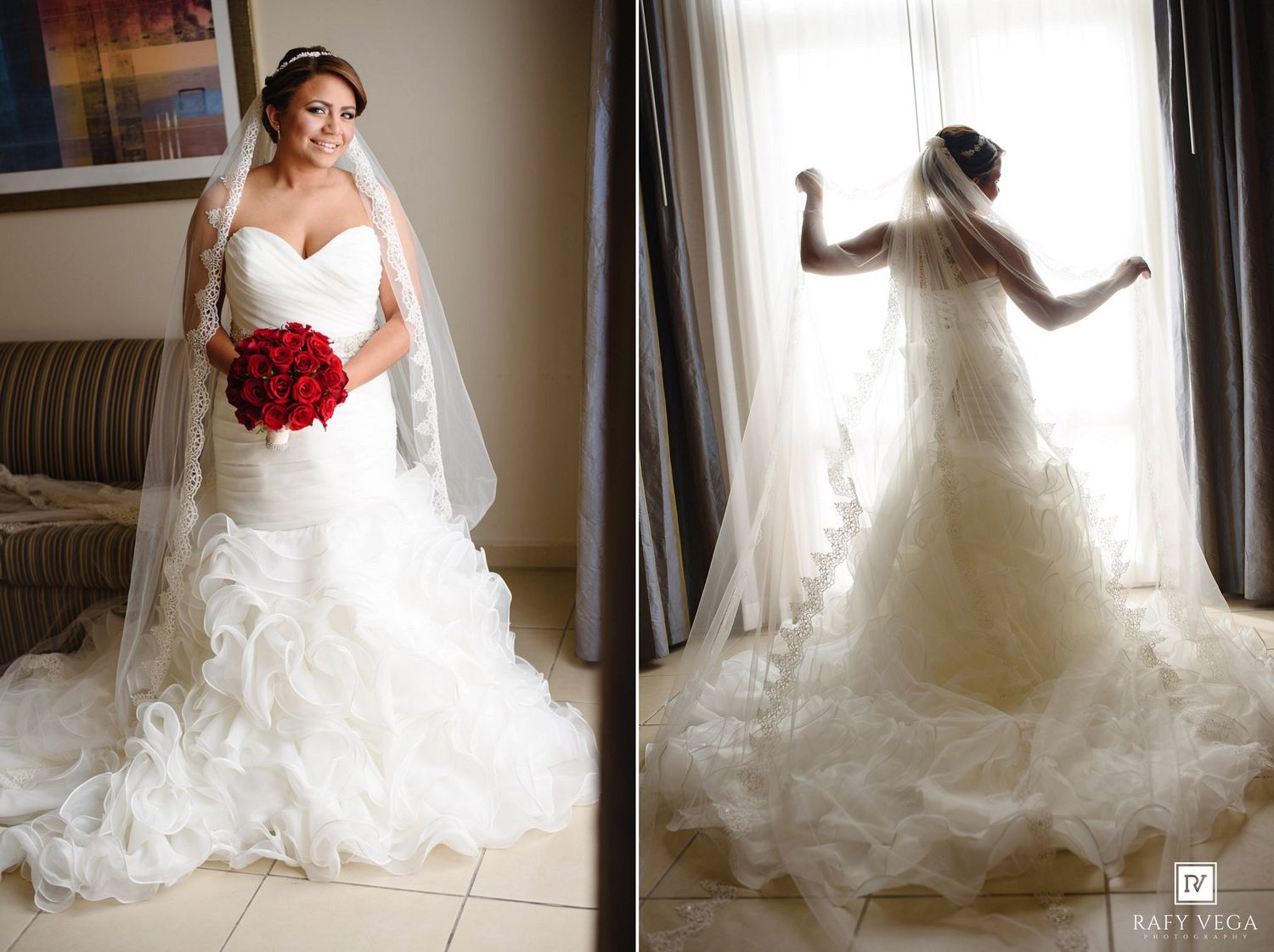 Bride in a ruffled mermaid wedding gown with red rose bouquet and veil, shown front and back near a window.
