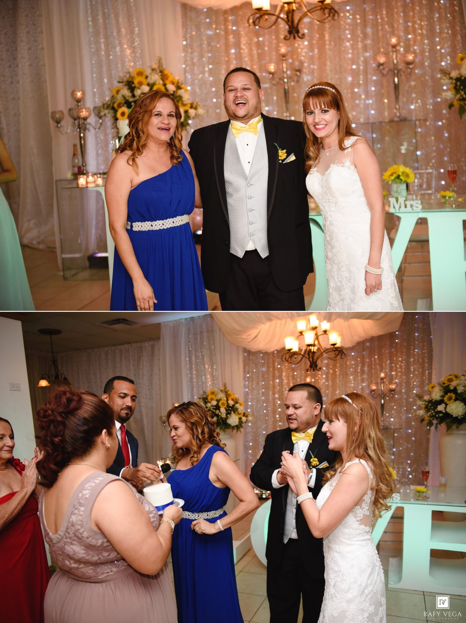 Wedding reception photo with bride in white gown, groom in tuxedo, and bridesmaid in blue dress posing and celebrating.