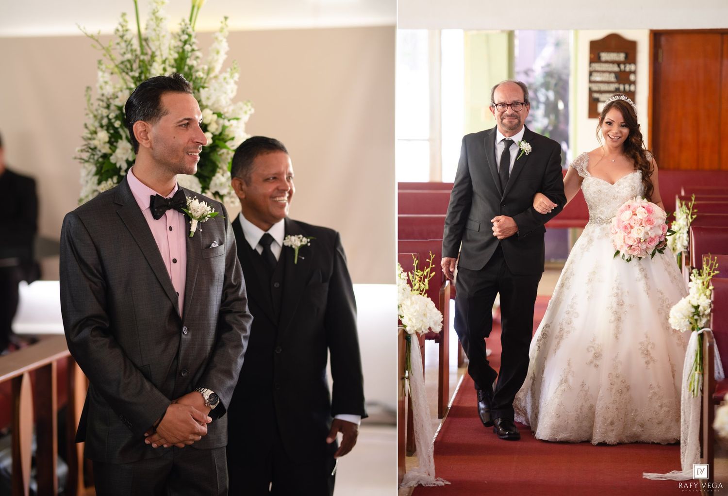 Groom awaiting bride at church altar with groomsman, as bride walks down aisle escorted by father in elegant wedding gown.