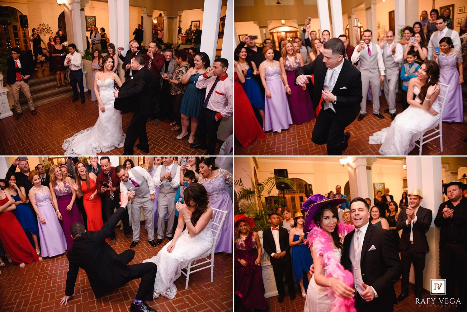 Bride and groom celebrate with guests during lively wedding reception garter and bouquet toss.