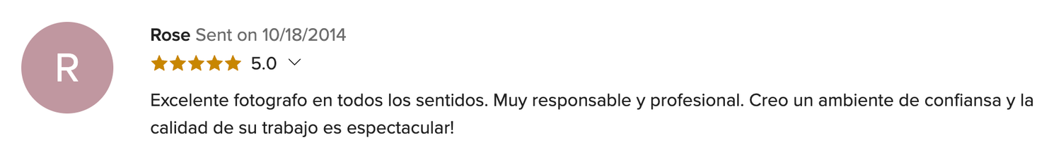 Five-star Google review praising a photographer as responsible, professional, and exceptional in quality.