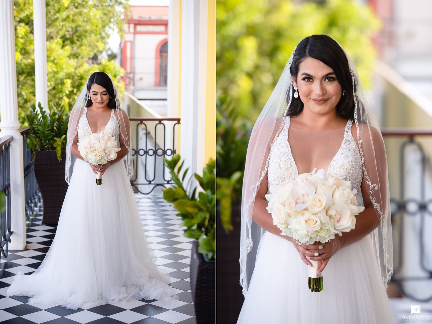 Bride in white lace A-line wedding gown with veil holding white rose bouquet on elegant black and white checkered balcony.