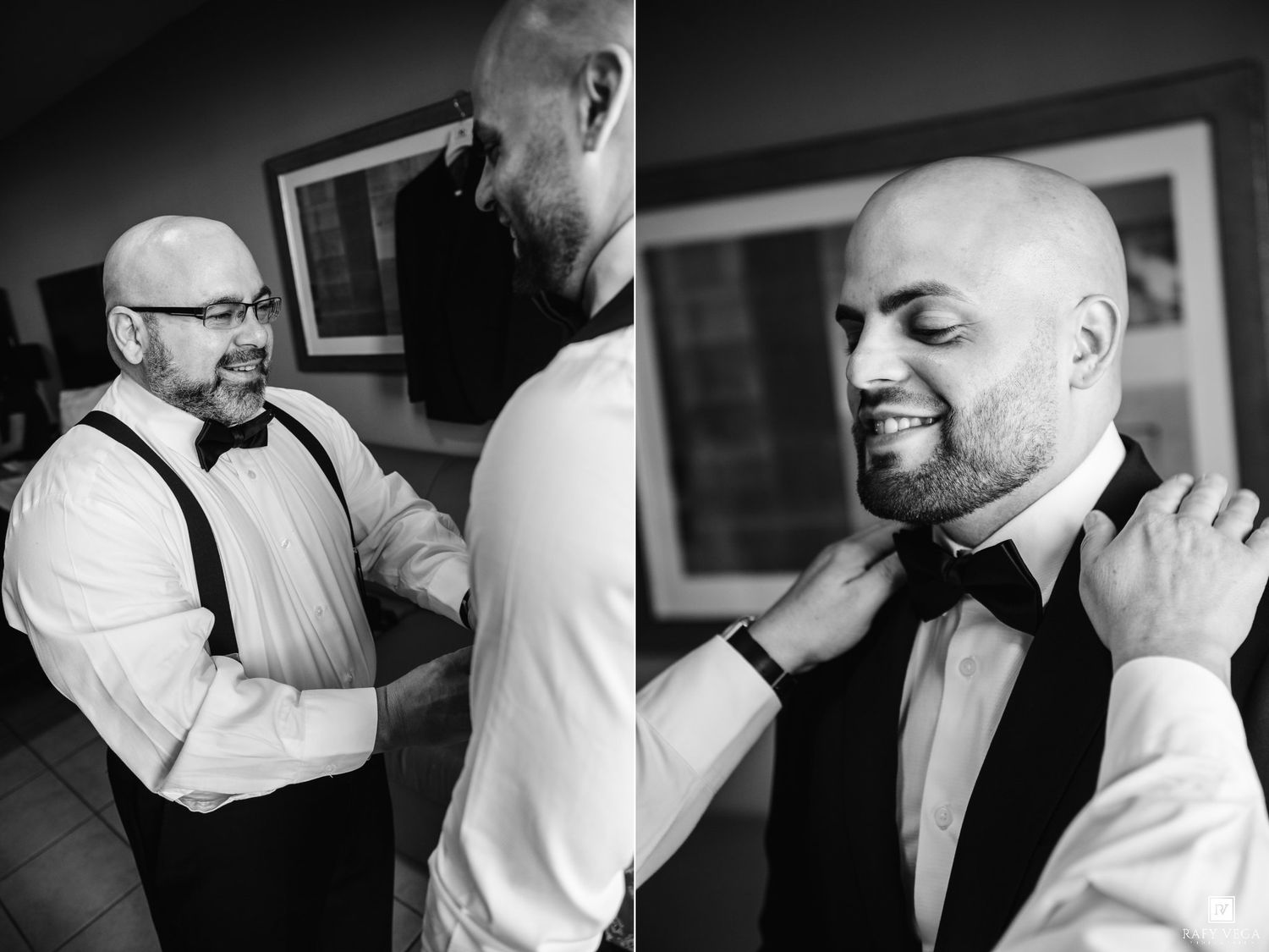 Black and white photo of two men in formal attire adjusting bow ties, preparing for a wedding ceremony.