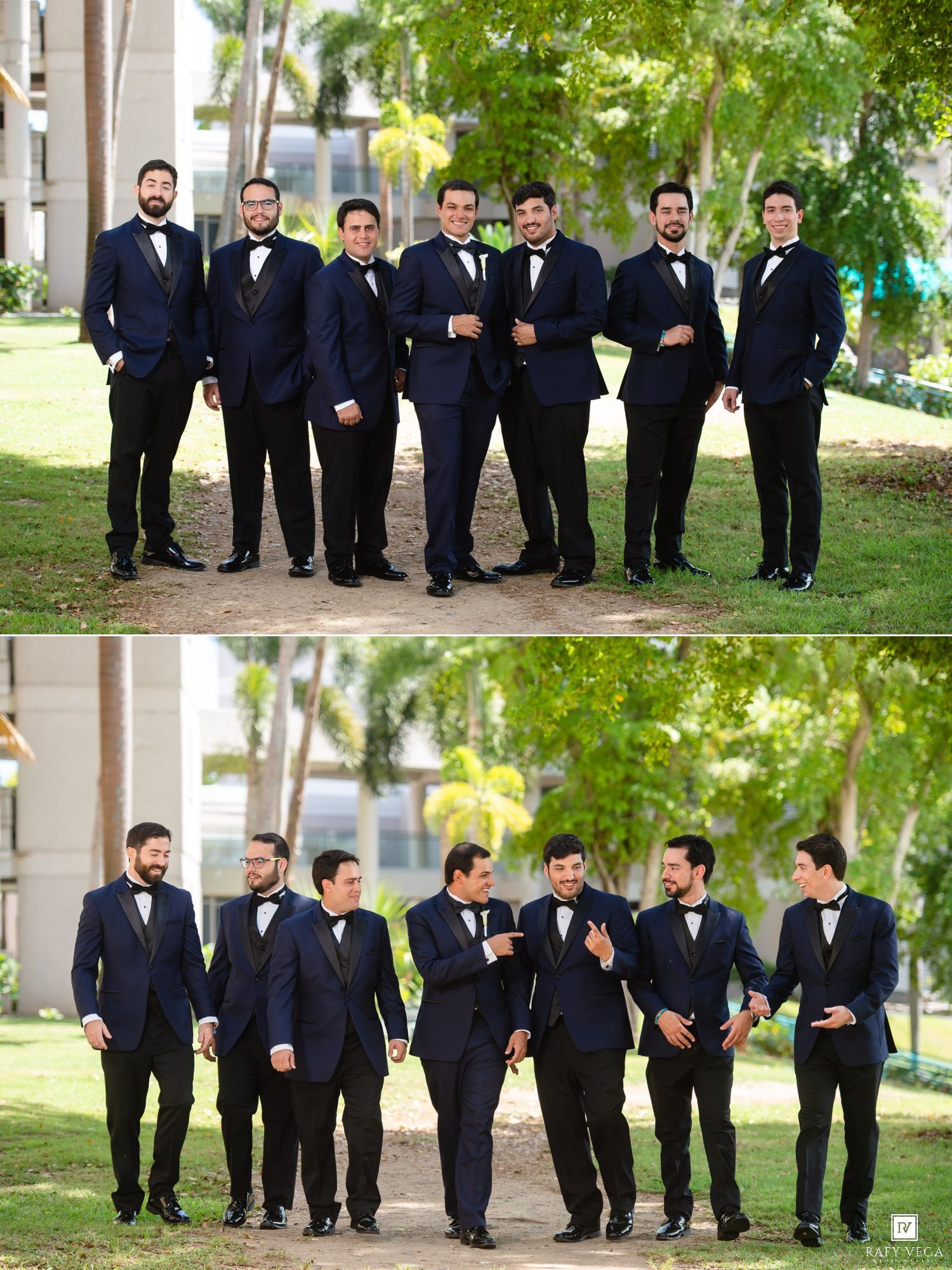 Six groomsmen in navy tuxedos with bow ties pose outdoors, shown in two photos: standing together and walking casually.