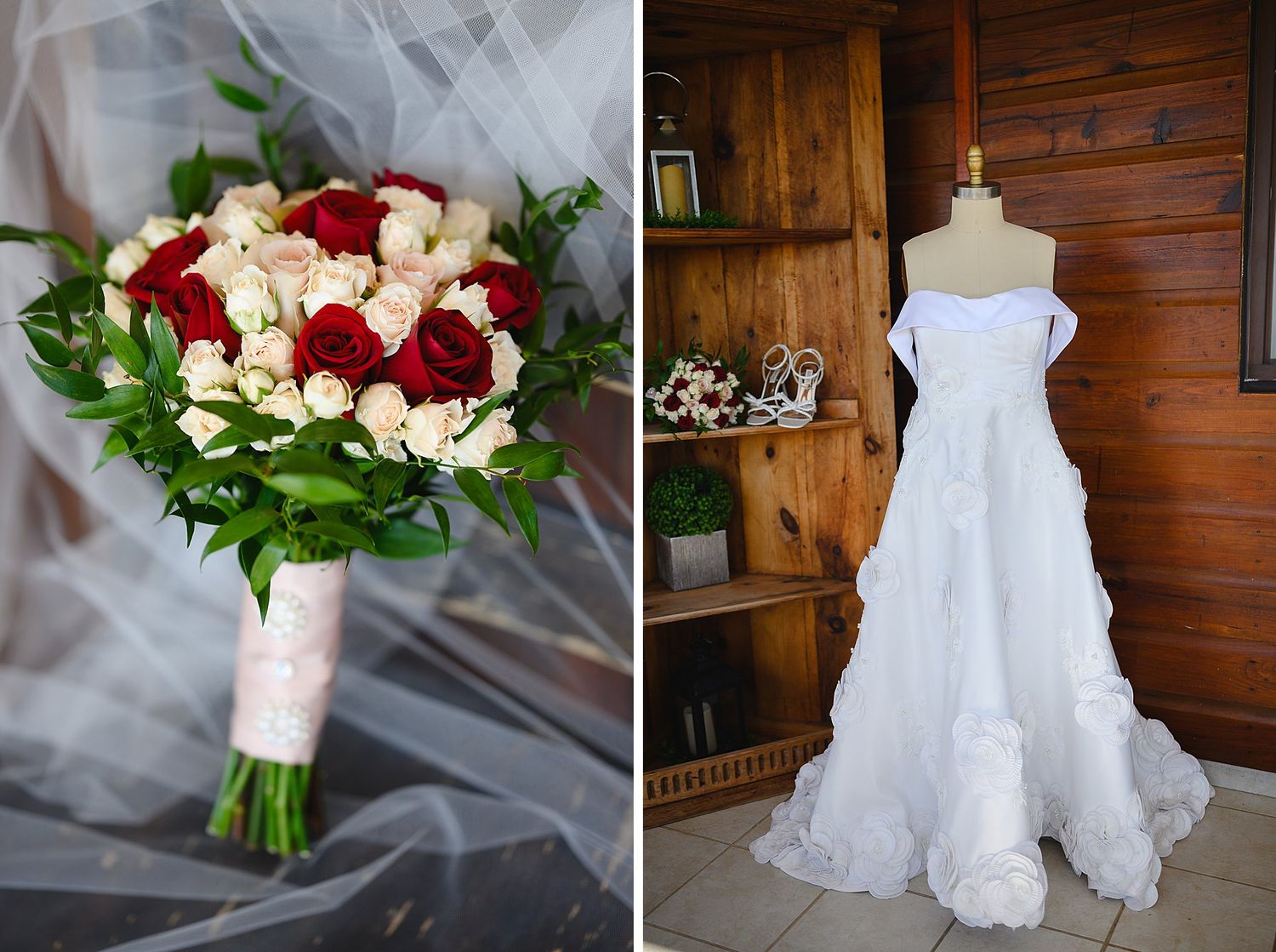 Bridal bouquet of red and white roses beside a strapless white wedding gown displayed on a mannequin in a rustic wood-paneled room.