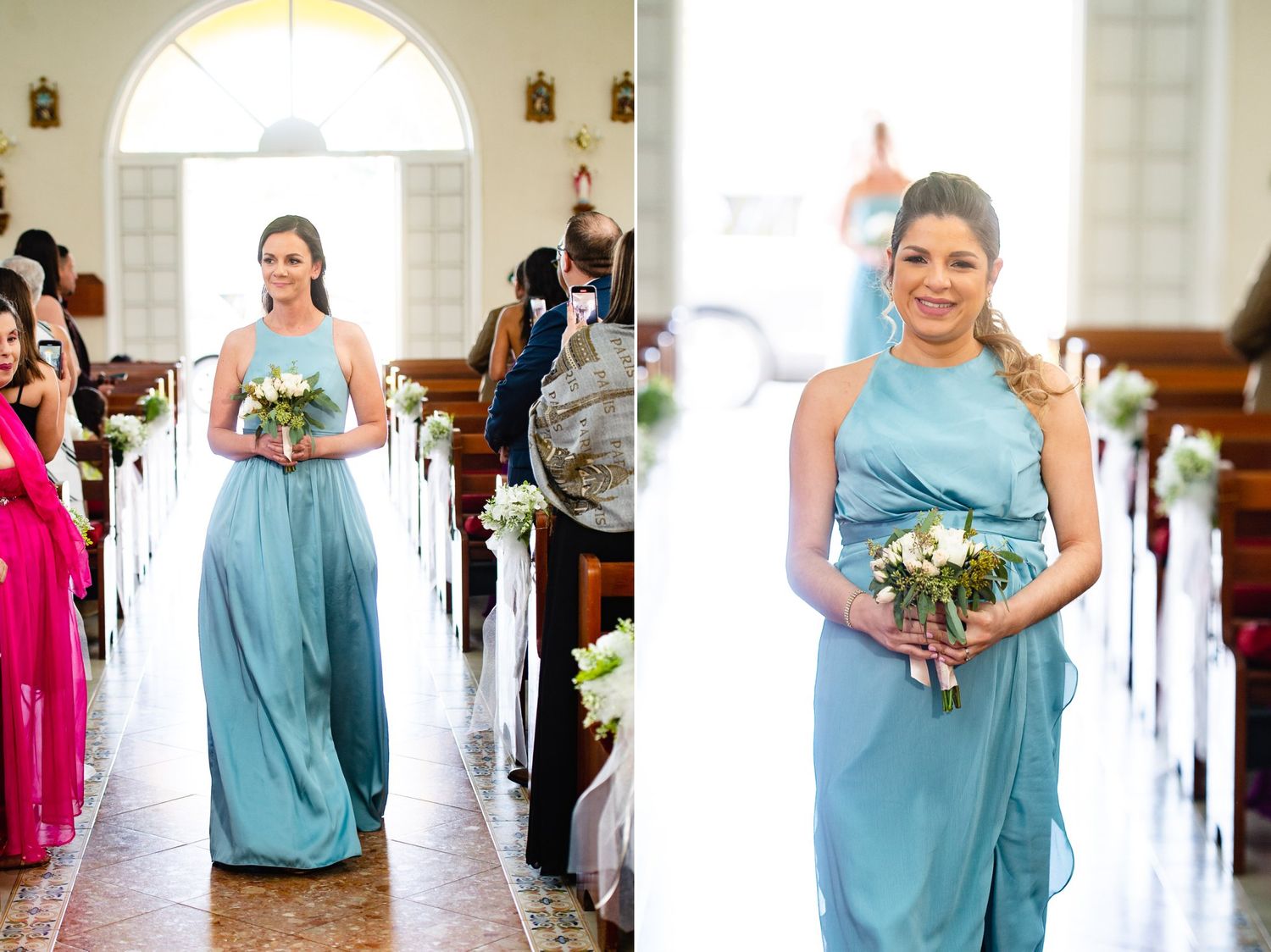 Bridesmaid in teal gown walks down church aisle holding bouquet during wedding ceremony.