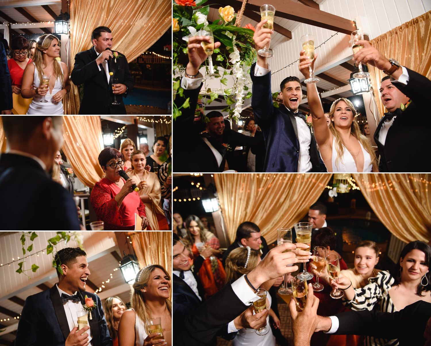 Joyful wedding reception guests raising champagne glasses in a toast, celebrating with the bride and groom in elegant attire.