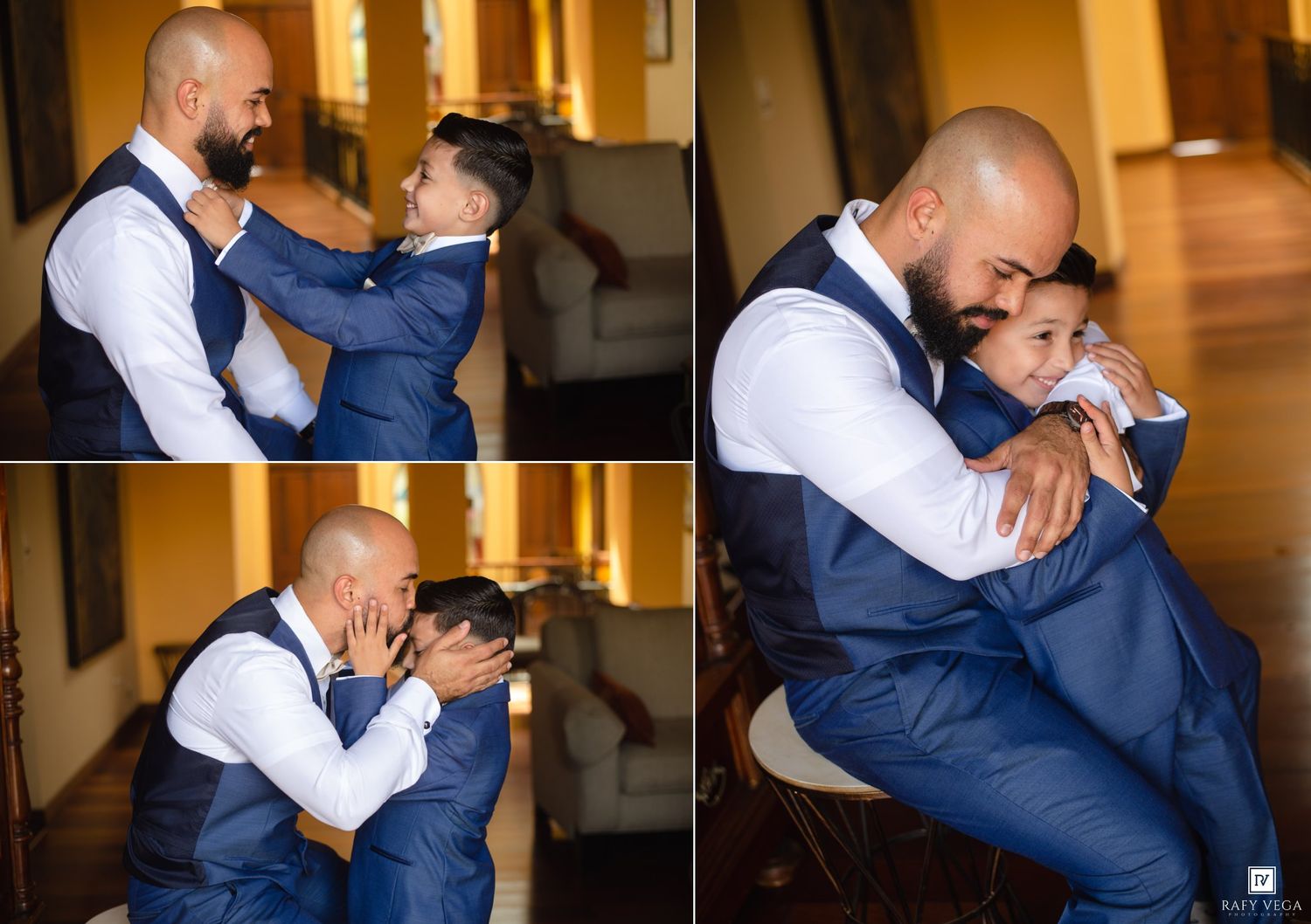 Bald groom in blue vest shares tender moment with young boy in matching suit during wedding preparations.