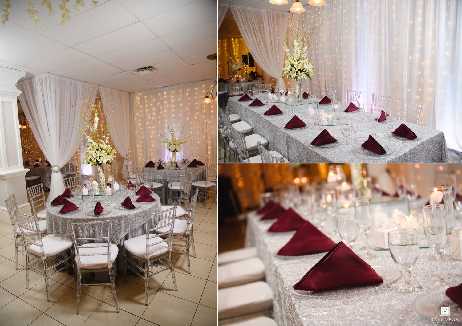 Elegant wedding reception venue with silver tablecloths, chiavari chairs, and burgundy napkins under warm fairy lights.