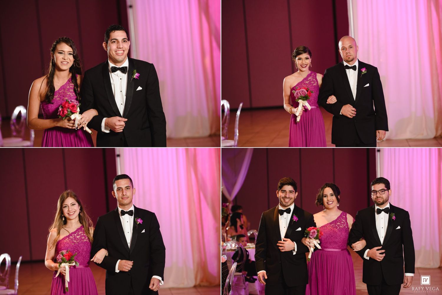 Bridesmaids in purple gowns and groomsmen in tuxedos pose during a wedding reception entrance.