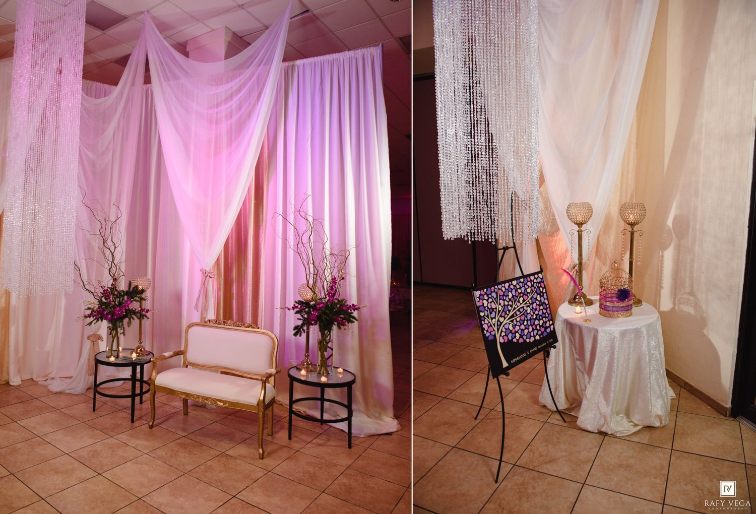 Elegant wedding venue entrance with pink draping, floral arrangements, and a gold settee creating a romantic backdrop.