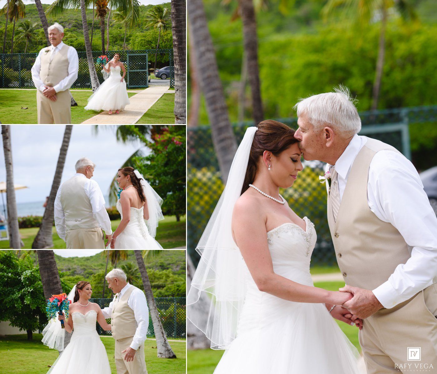 Bride and older man share tender first look moment at outdoor tropical wedding ceremony with palm trees.