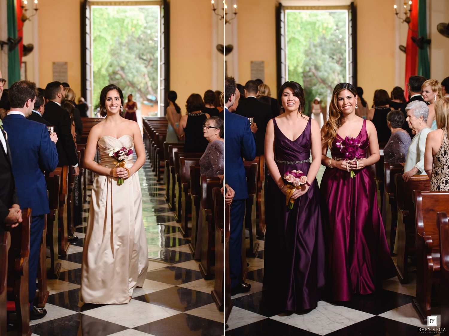 Bridesmaids walking down the aisle in elegant gowns during a wedding ceremony in a decorated church.