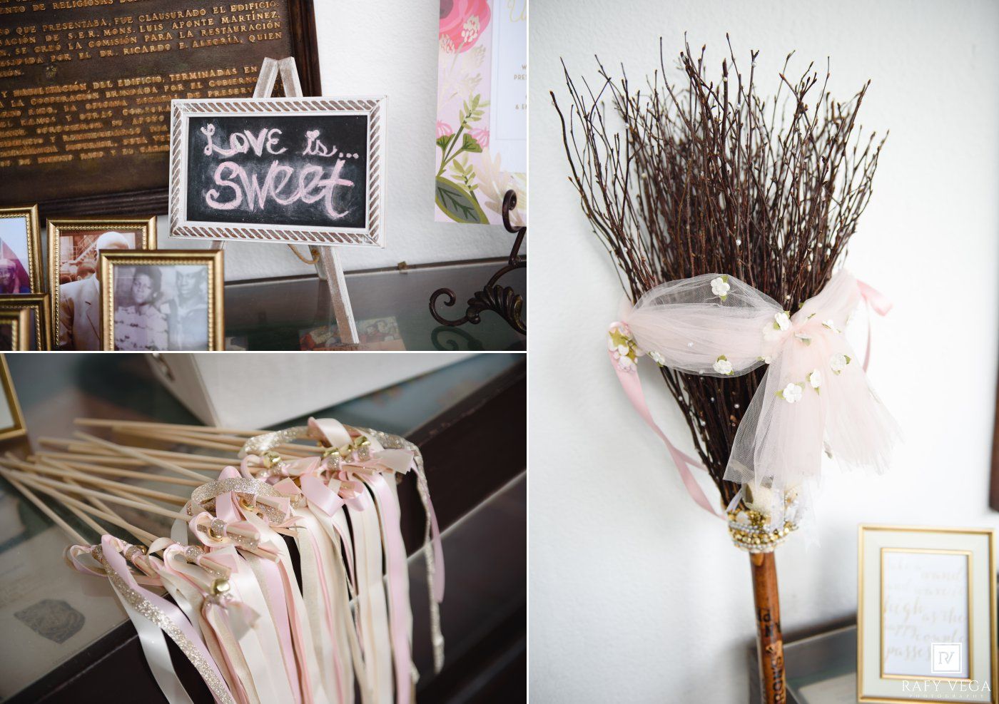 Wedding decor featuring a chalkboard love sign, ribbon wands, and a rustic branch bouquet with pink tulle bow.