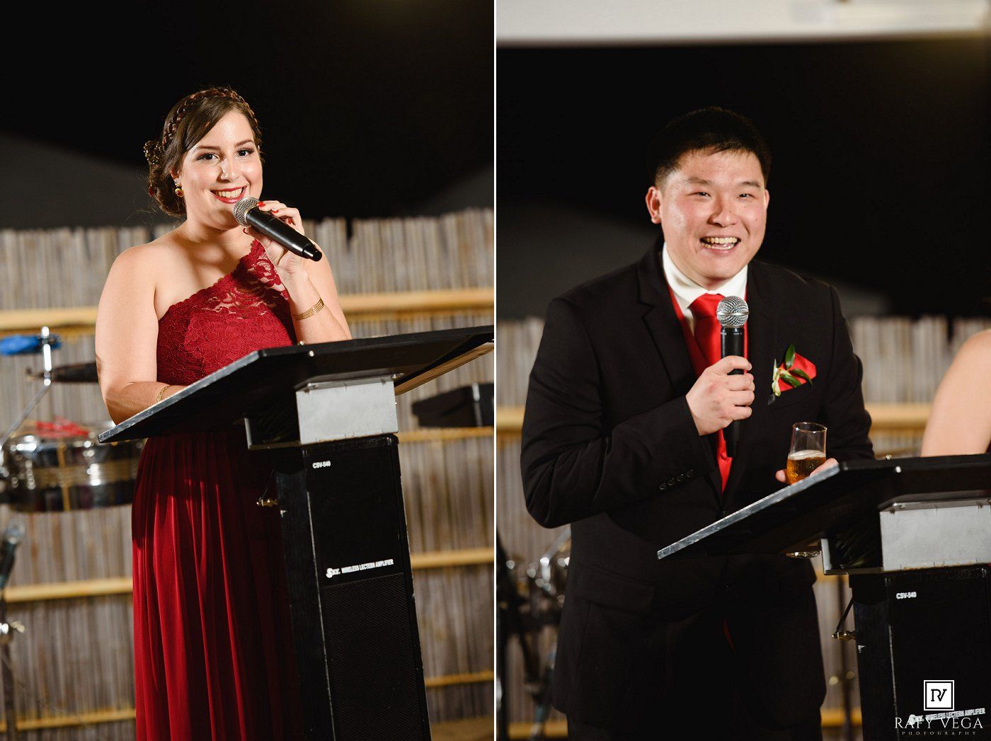 A woman in a red gown and a man in a black suit with red tie each speak at podiums during a wedding reception.