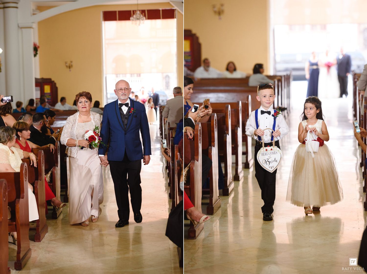 Elderly couple and two children walking down church aisle during wedding ceremony.