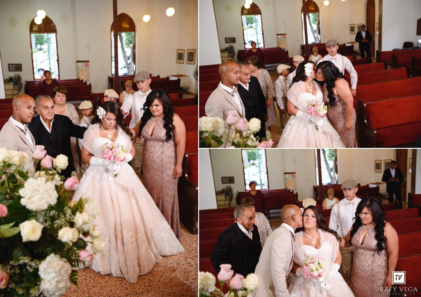Wedding ceremony in a church with bride in white gown surrounded by family and bridal party in pink dresses.