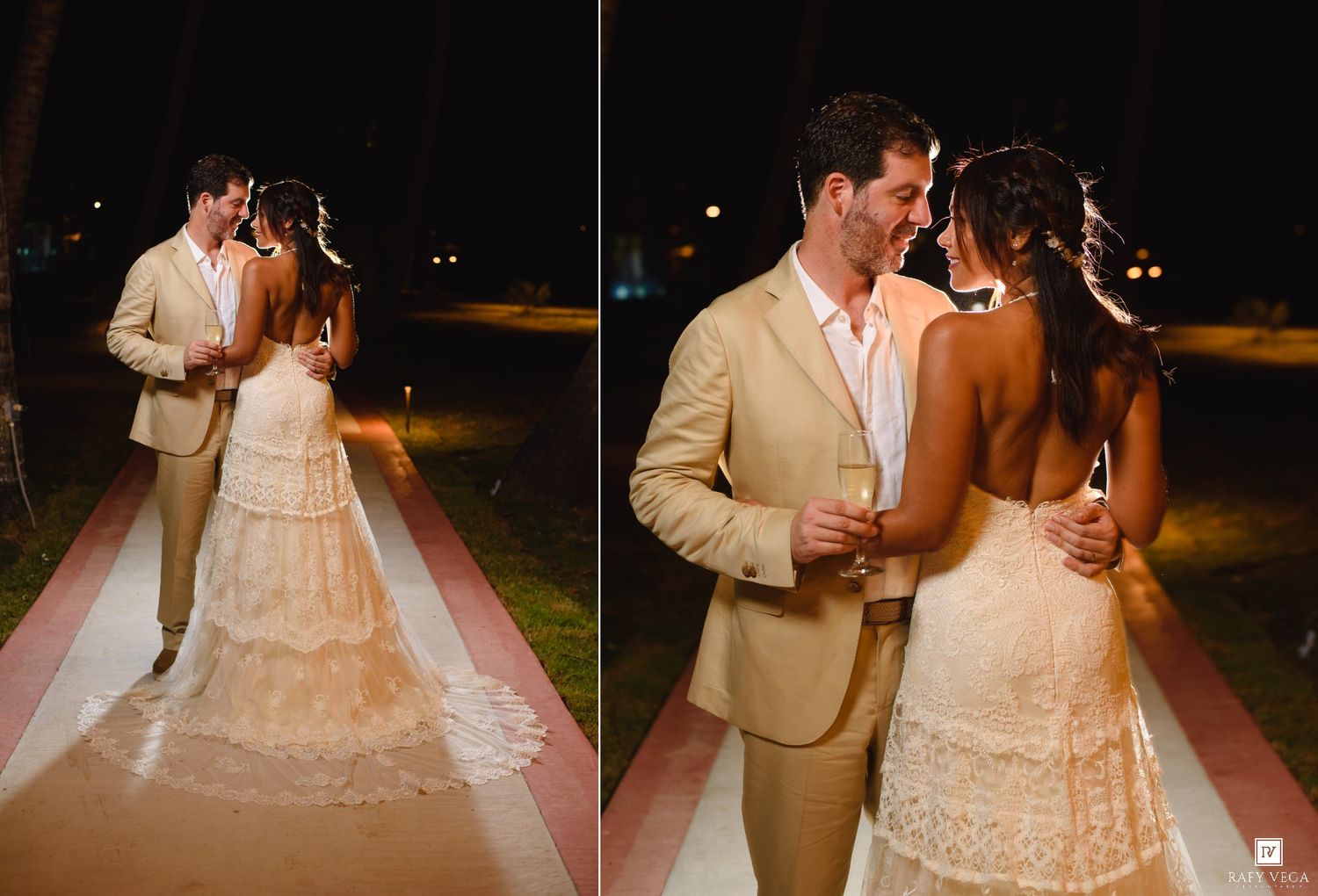 Bride and groom share a romantic first dance outdoors at night during their elegant tropical wedding celebration.