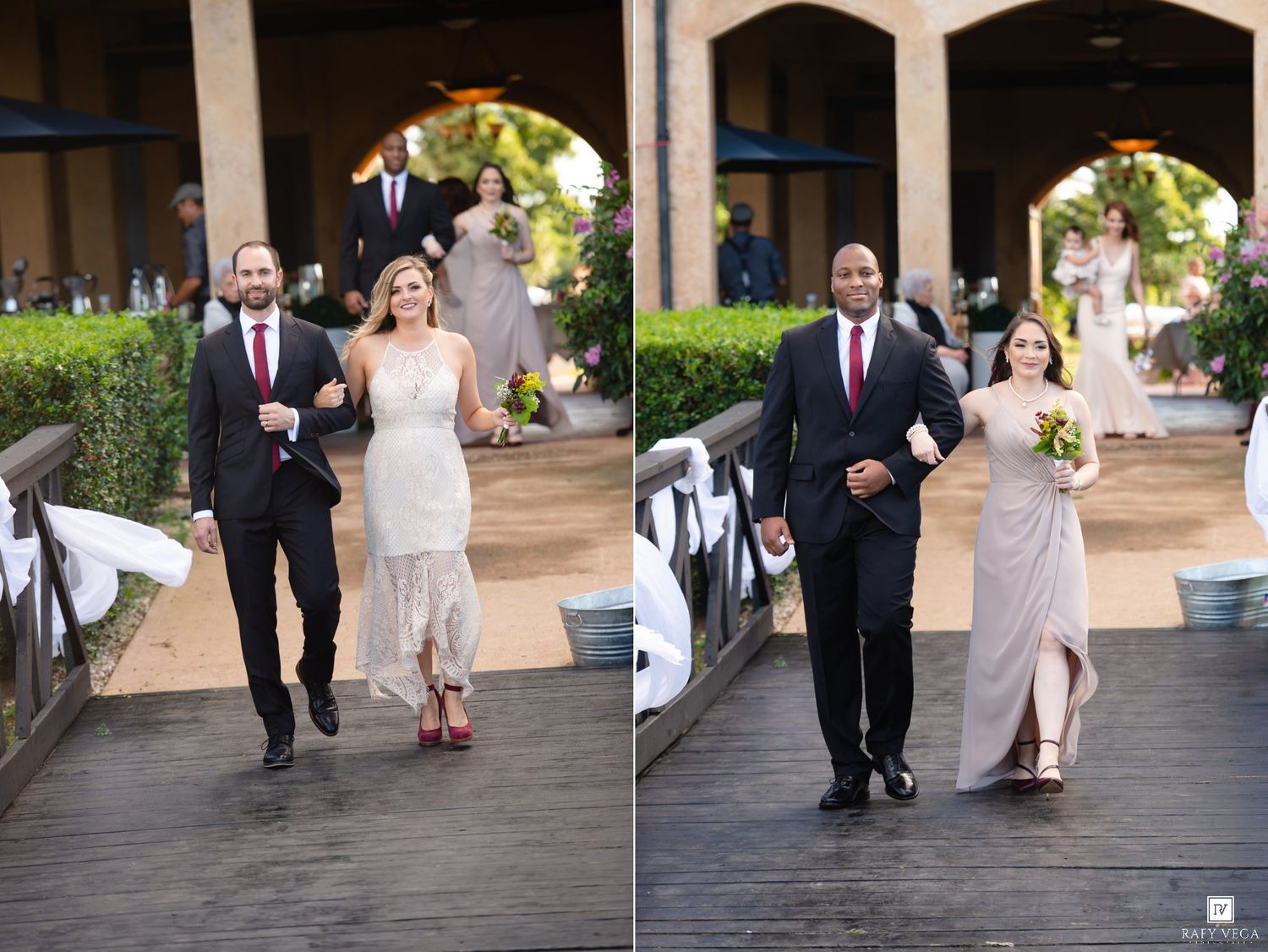 Two couples walk down an outdoor wedding aisle at a scenic venue with arched architecture.