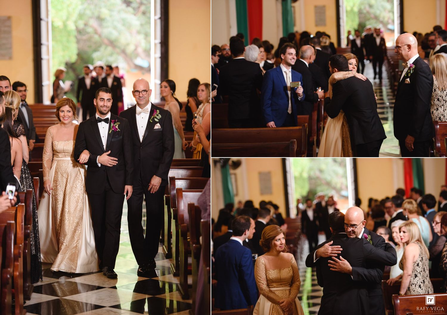 Groom walks down church aisle with parents during wedding ceremony, guests watching from pews in elegant venue.