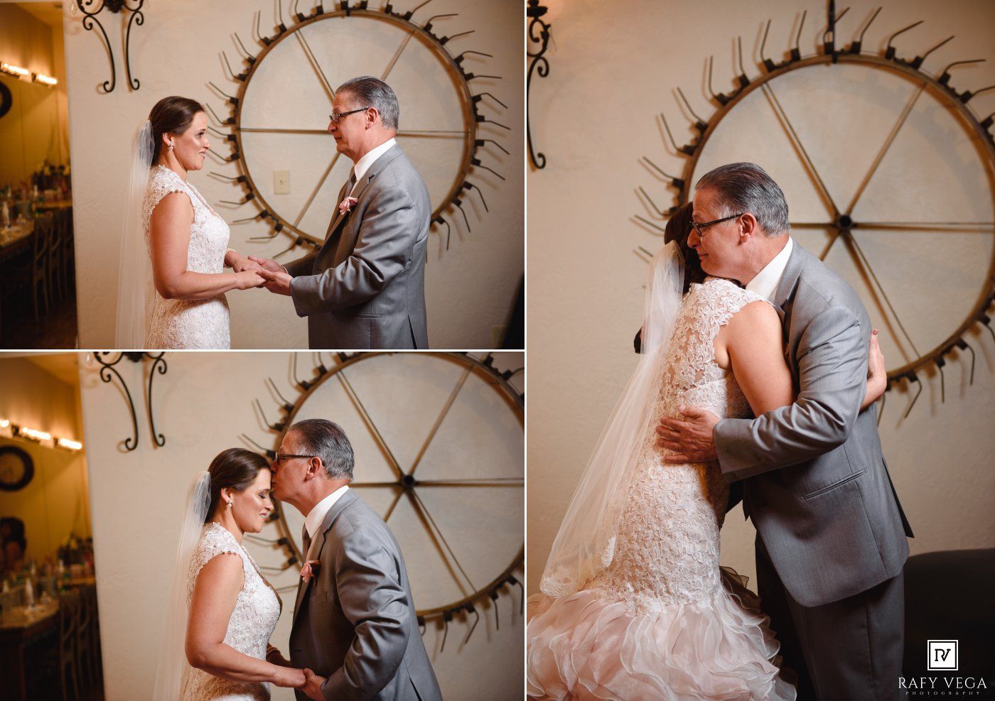 Bride and father share emotional first look moment, exchanging vows and embracing near decorative gear wall art.