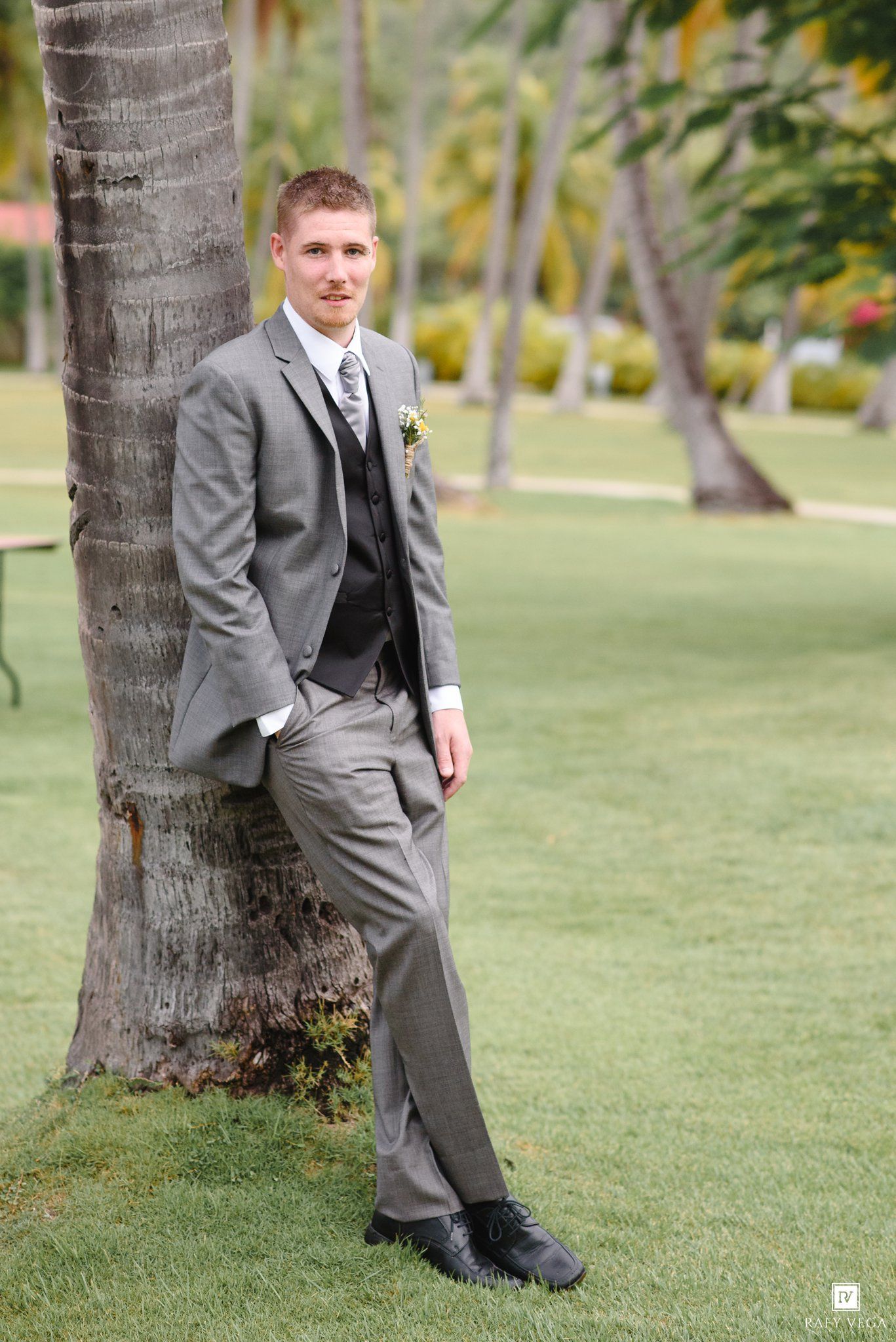 Groom in gray suit with boutonniere leaning against palm tree on lush green lawn at outdoor wedding venue.