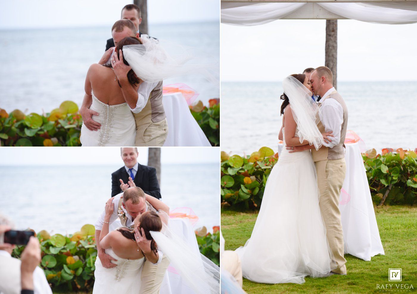 Bride and groom share first kiss and embrace at romantic outdoor beach wedding ceremony.