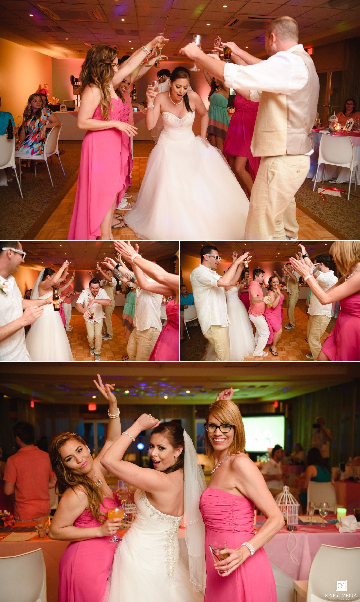Bride and groom celebrate with bridesmaids in pink dresses on the wedding reception dance floor.