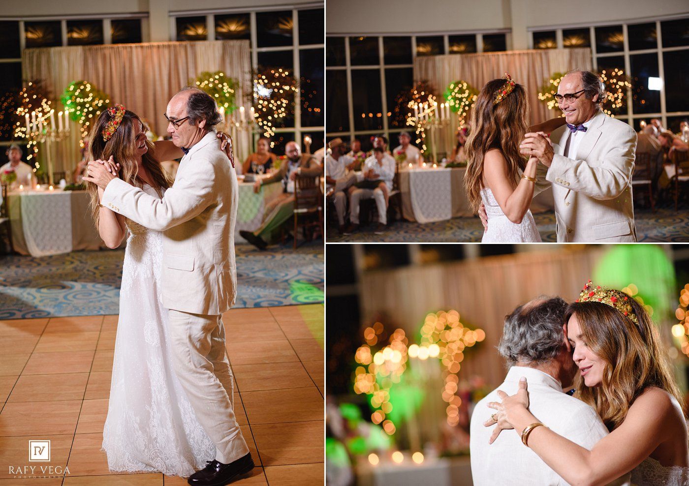 Bride and groom share first dance at elegant wedding reception with warm candlelit decor and guests in background.