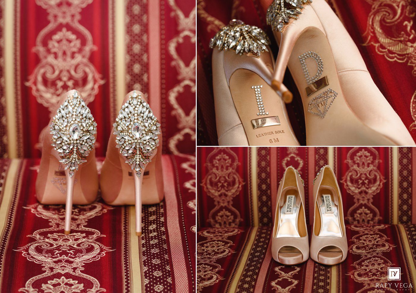 Elegant bridal heels with crystal embellishments displayed on a red patterned fabric backdrop.