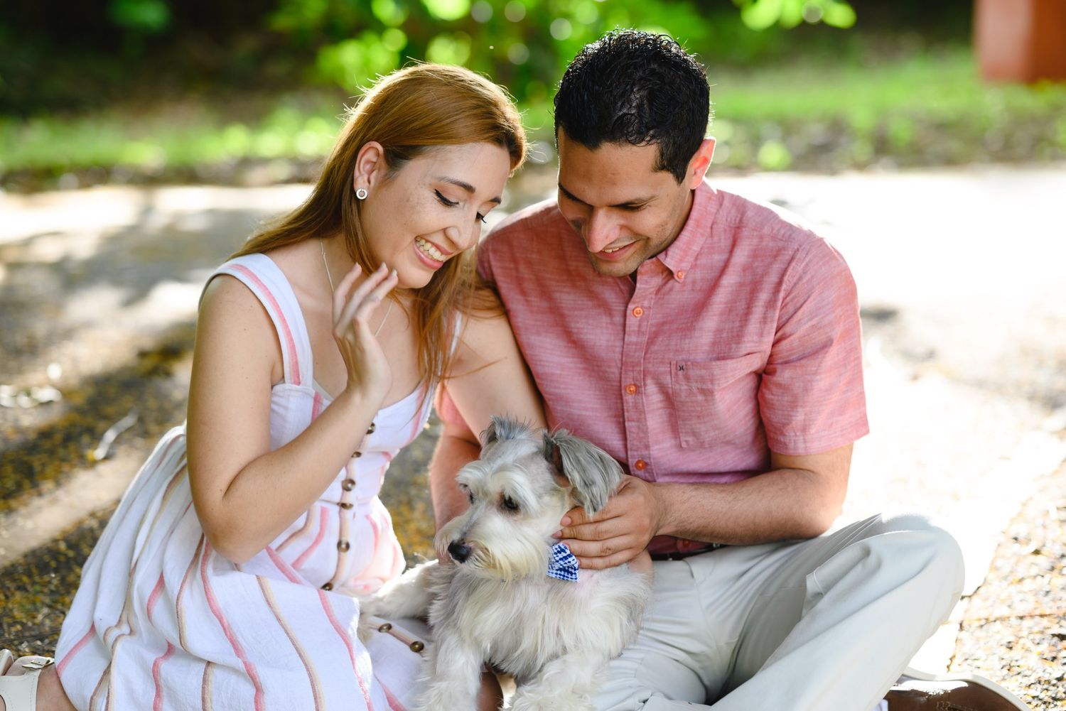 Happy couple sitting outdoors petting their small Schnauzer dog in a sunny park setting.