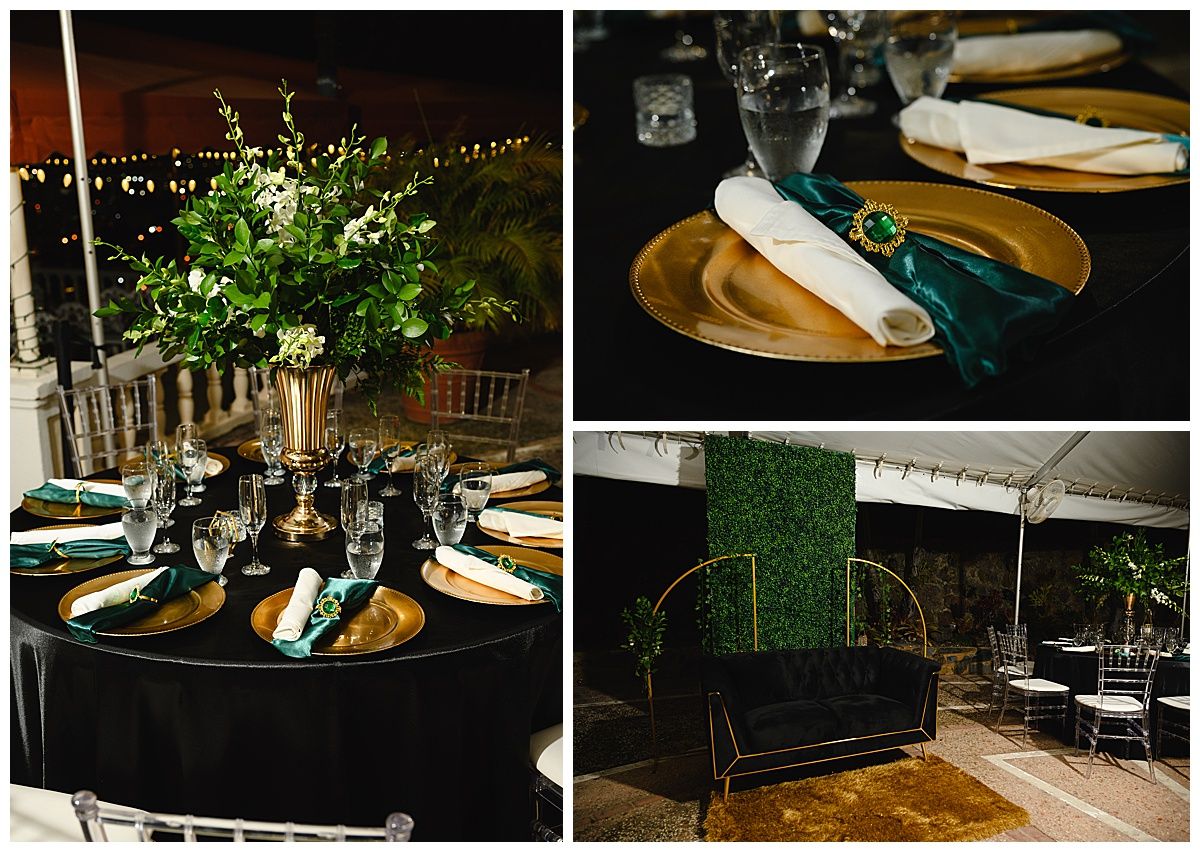 Elegant wedding reception with black tablecloths, gold charger plates, emerald green napkins, and lush floral centerpieces.